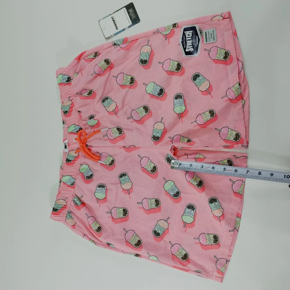 Mosmann Australia Mens XL Pink Boba Tea Print Swim Trunks Stretch Board‎ Shorts